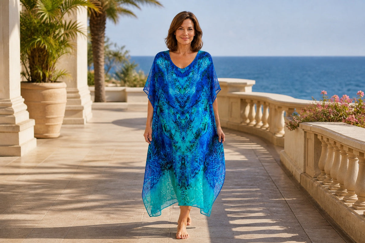 Woman wearing the Aquatica midi kaftan on a sunny resort terrace