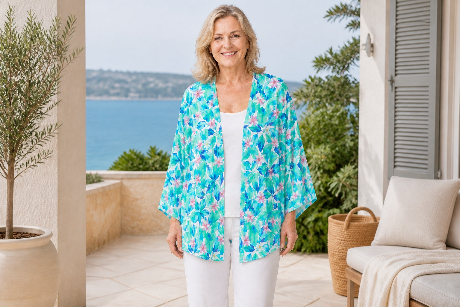 Woman wearing the Broome modal kimono with white pants at a coastal resort