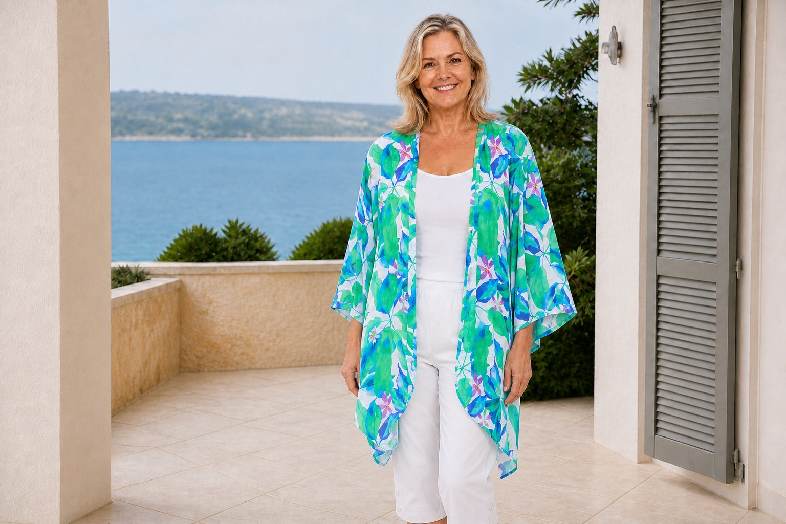 Silver-blonde woman wearing the authentic mid-thigh Broome modal kimono and white capri pants at a coastal resort