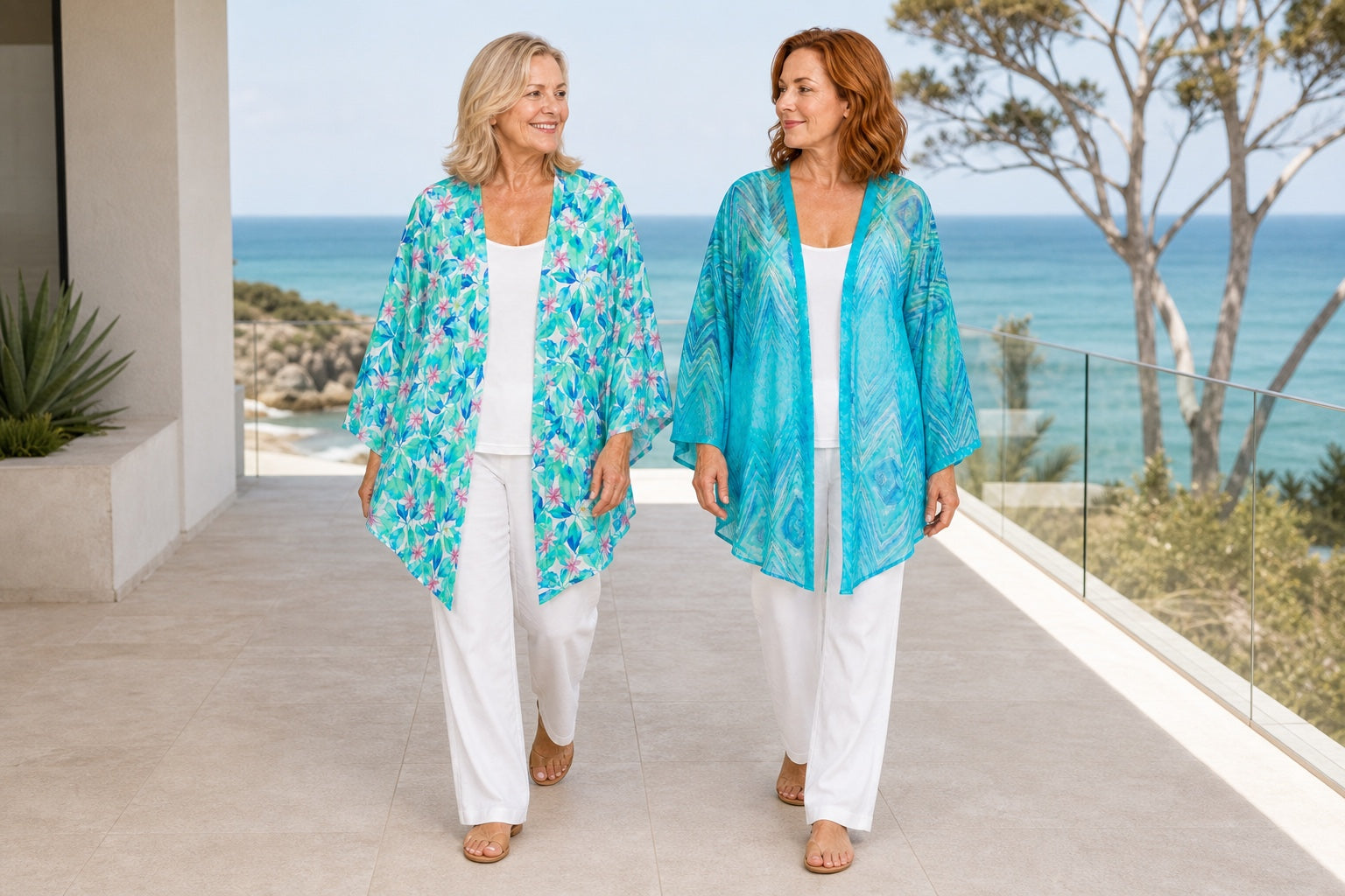 Two women wearing Broome modal and Serenity chiffon kimonos by the coast