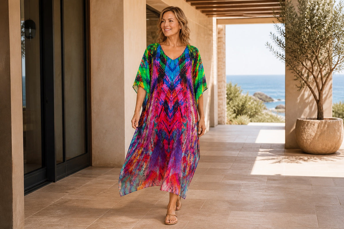 Woman wearing the Carnival midi kaftan in a contemporary coastal resort setting