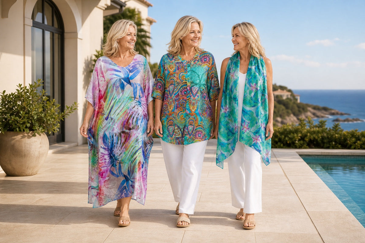 Three mature women wearing the Oasis kaftan, Mosaic A-line tunic and Broome silk scarf at a coastal resort