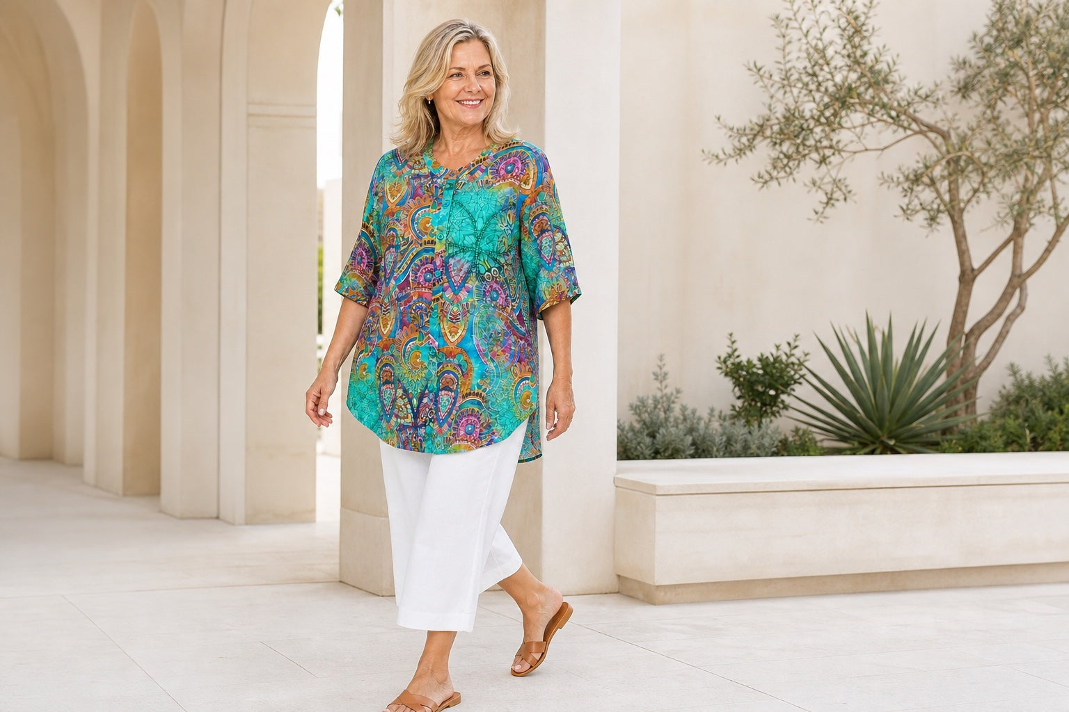 Mature woman wearing the Claire Powell Mosaic A-line tunic with white pants in a relaxed polished resort outfit