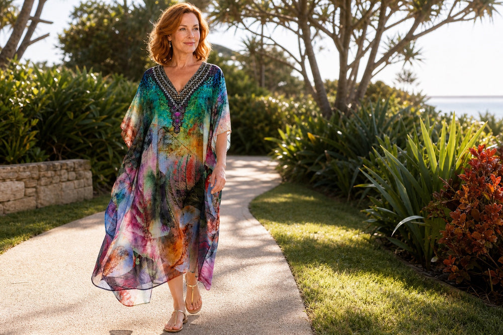 Confident mature woman wearing the colourful Claire Powell Heaven kaftan dress in an elegant Australian resort setting