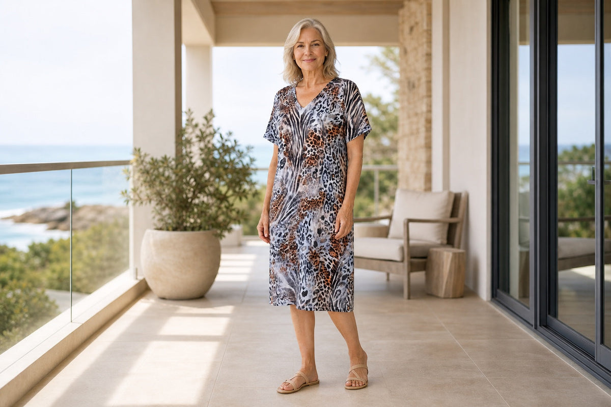 Silver-haired woman wearing the Jungle shift dress on a coastal veranda