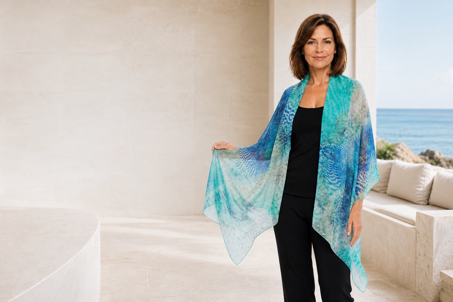 Woman showing the generous drape and size of the Marine silk scarf