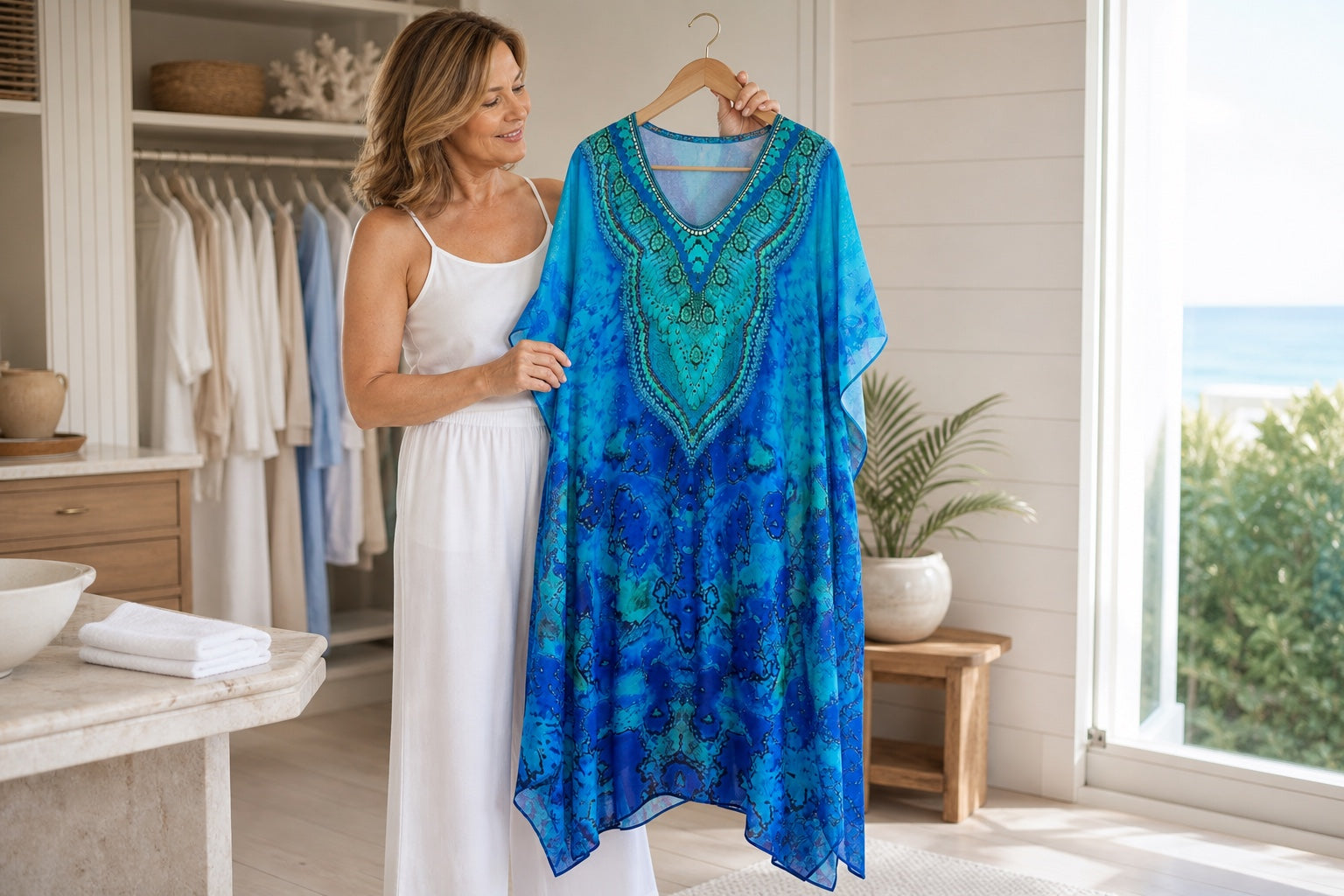 Claire Powell Reef modal kaftan dress arranged carefully in a bright dressing room for gentle hand washing and garment care