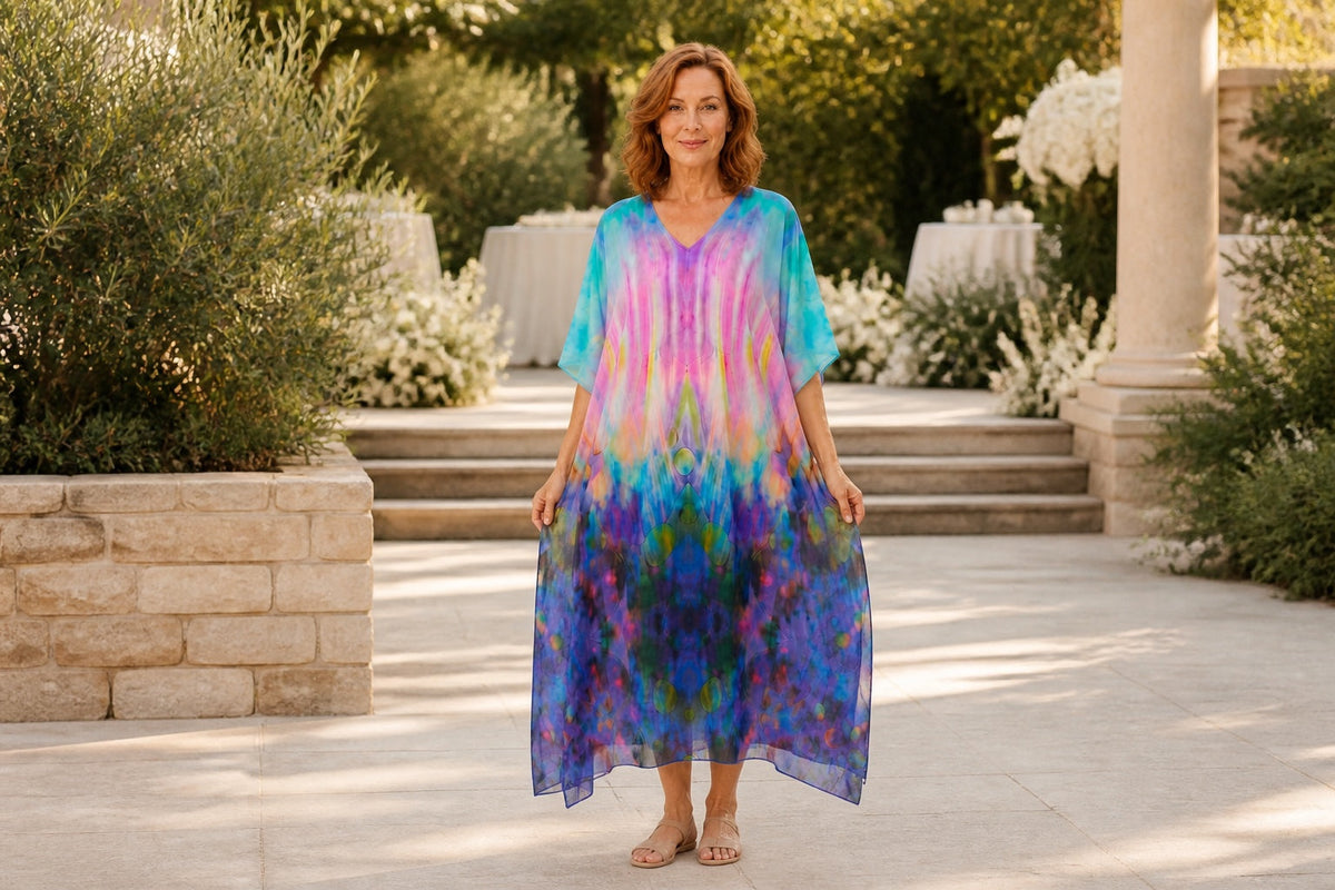Woman wearing the Opulence midi kaftan at a garden celebration