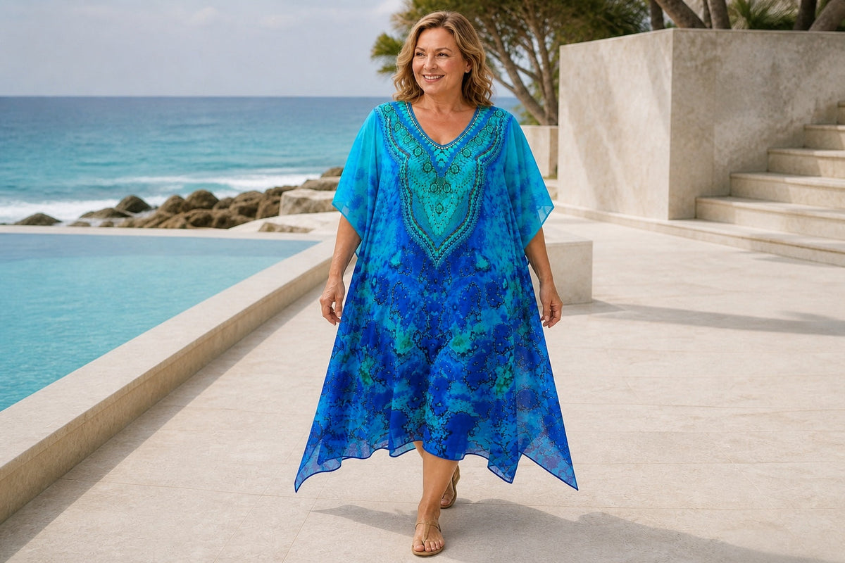 Mature plus-size woman wearing the Reef midi kaftan at a coastal resort