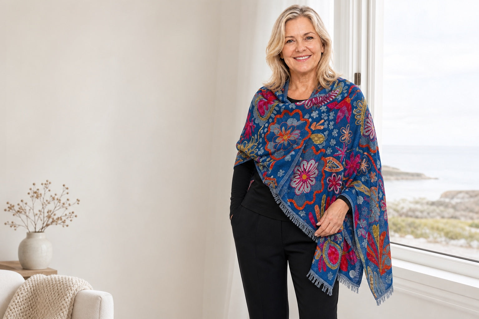 Woman wearing the Sapphire wool shawl with a black winter capsule outfit