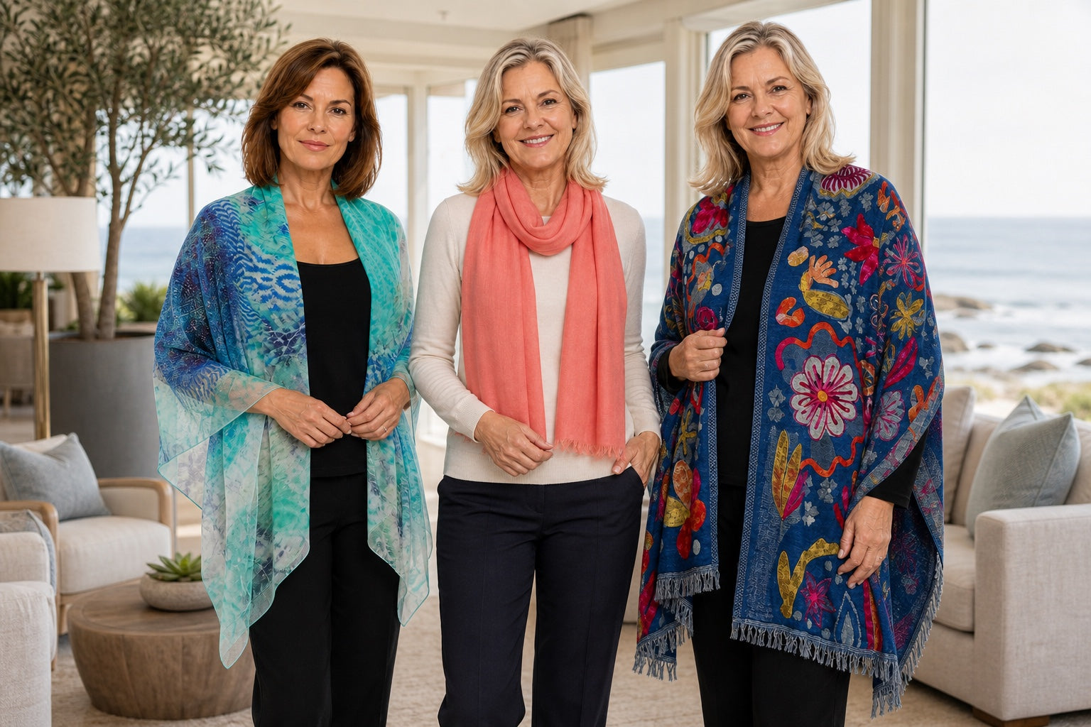 Claire Powell Marine silk scarf, Peach silk-wool scarf and Sapphire wool shawl styled together in an elegant editorial comparison