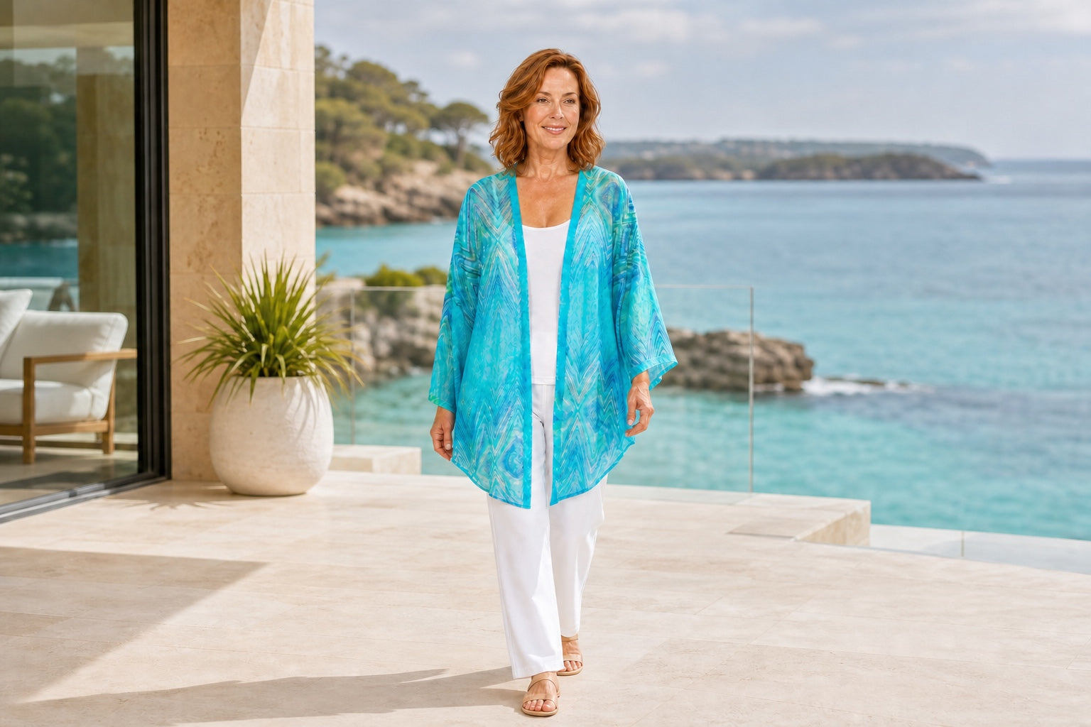 Woman wearing the Serenity chiffon kimono with white pants at a coastal resort