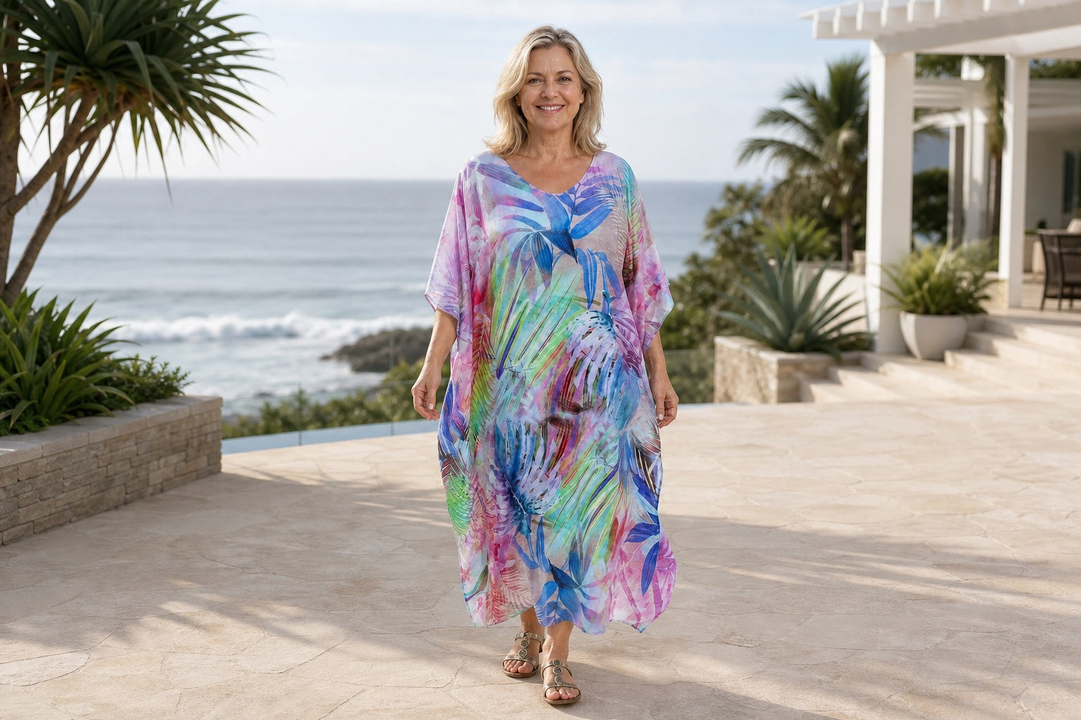 Mature woman wearing the Claire Powell Oasis midi kaftan dress with elegant low metallic sandals at a coastal resort