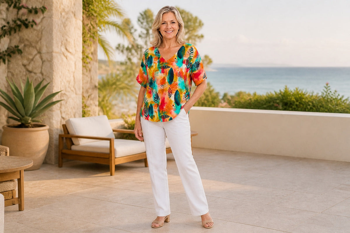 Mature woman styling the Tropicana V-neck T-shirt with white pants by the coast
