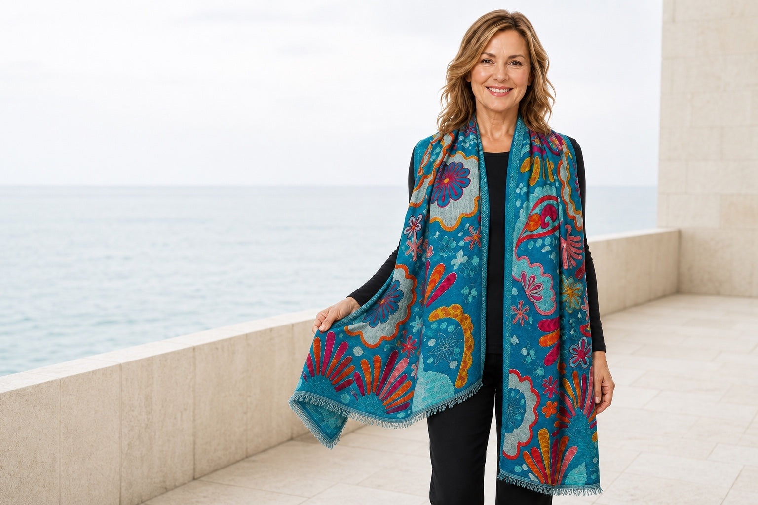 Woman showing the scale and embroidered detail of the Turquoise wool shawl