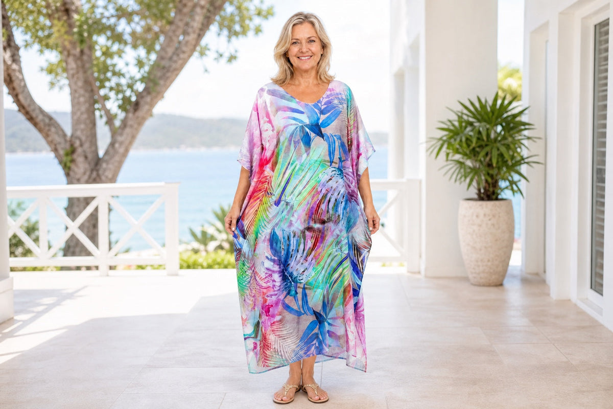 Mature woman wearing the Oasis kaftan on a coastal resort veranda