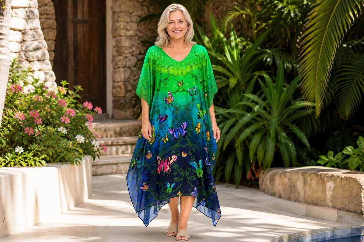 Mature woman wearing the Flutter kaftan in a lush resort garden