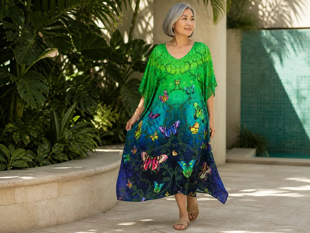 Woman wearing a Claire Powell Flutter kaftan