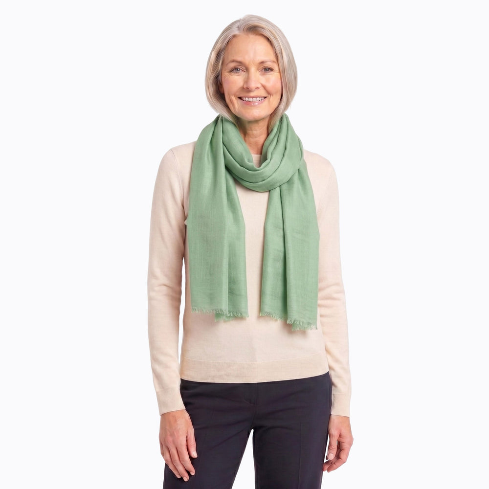 Claire Powell sage silk wool scarf, an 85% wool and 15% silk blend