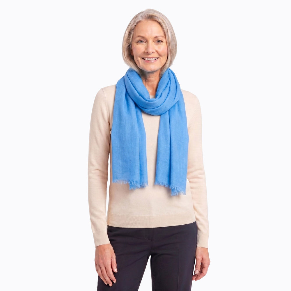 Claire Powell denim blue silk wool scarf laid flat