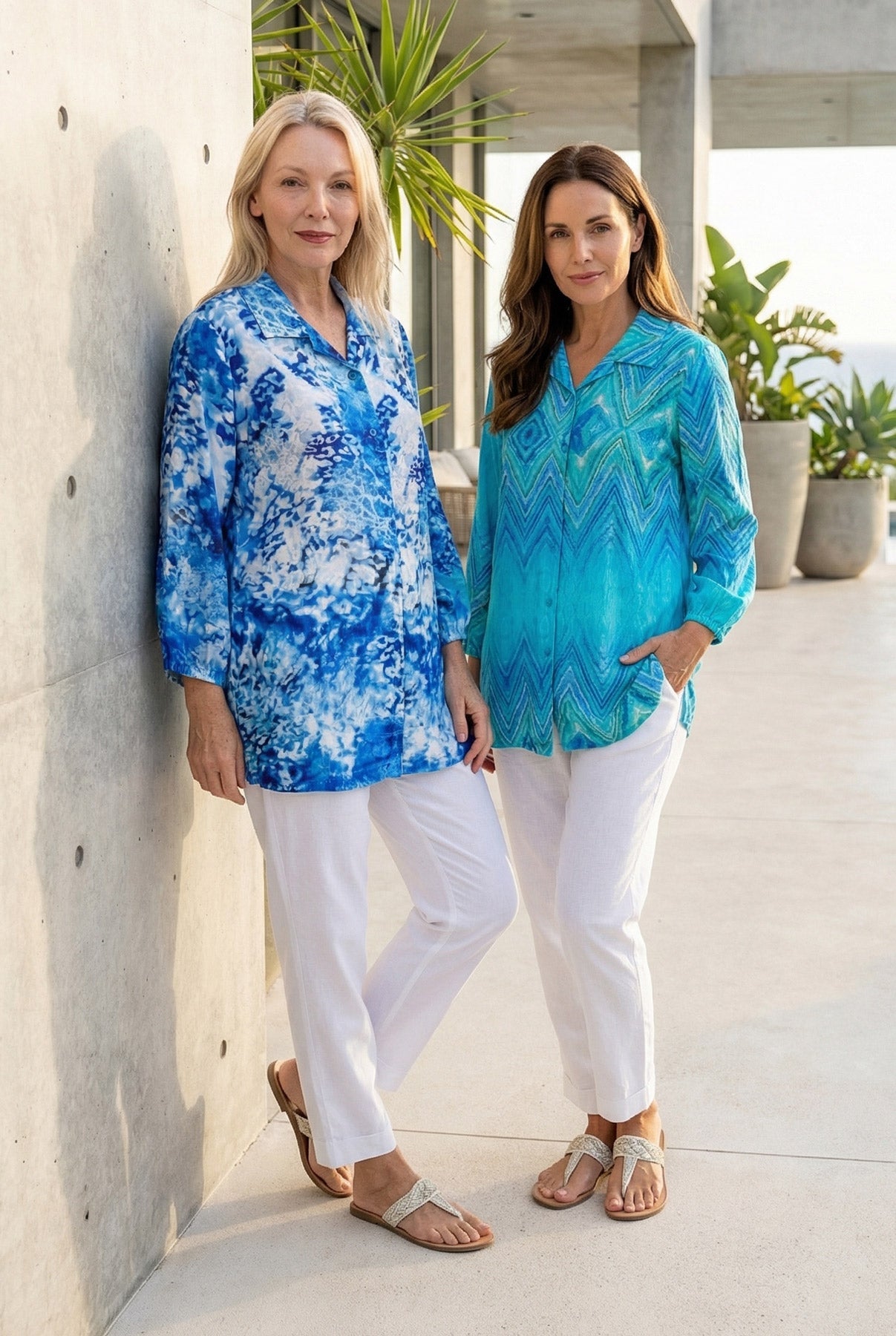 Woman wearing Claire Powell aqua blue patterned ladies shirt, eco-friendly, front view