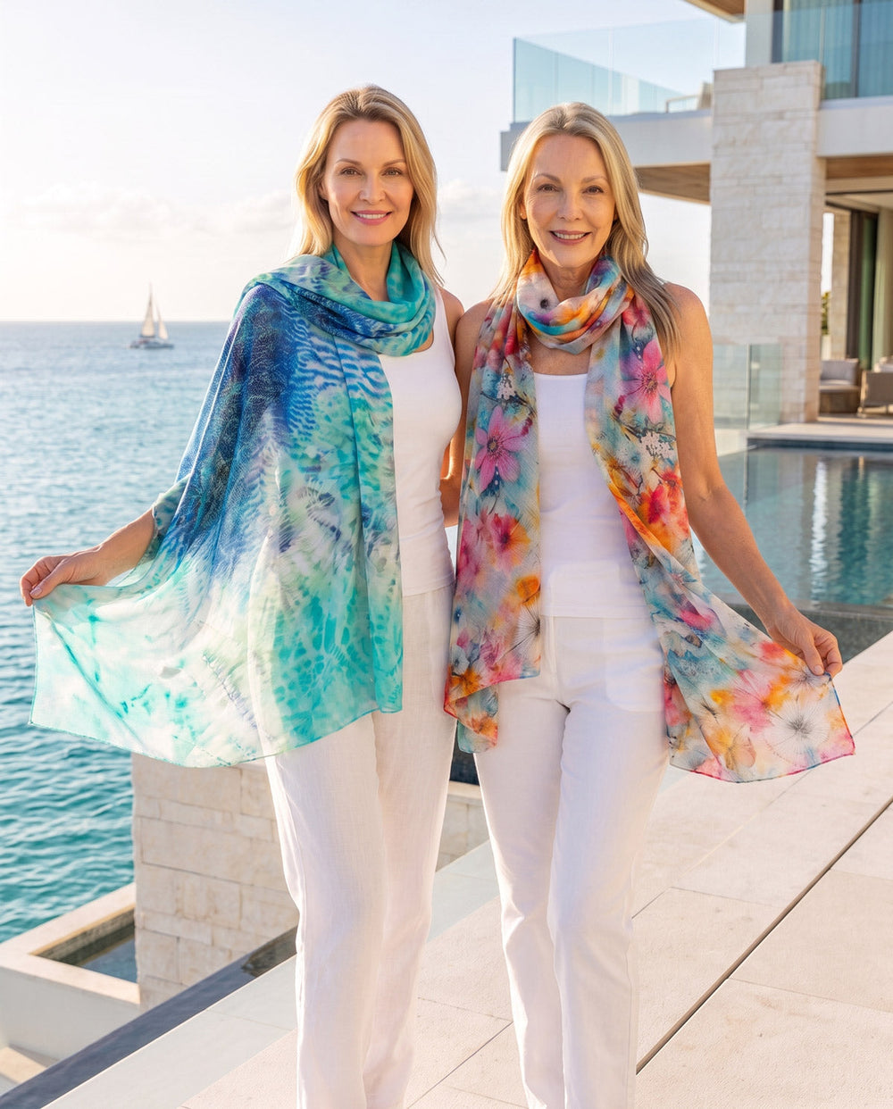Woman wearing Claire Powell blue green silk scarf, eco-friendly elegant accessory
