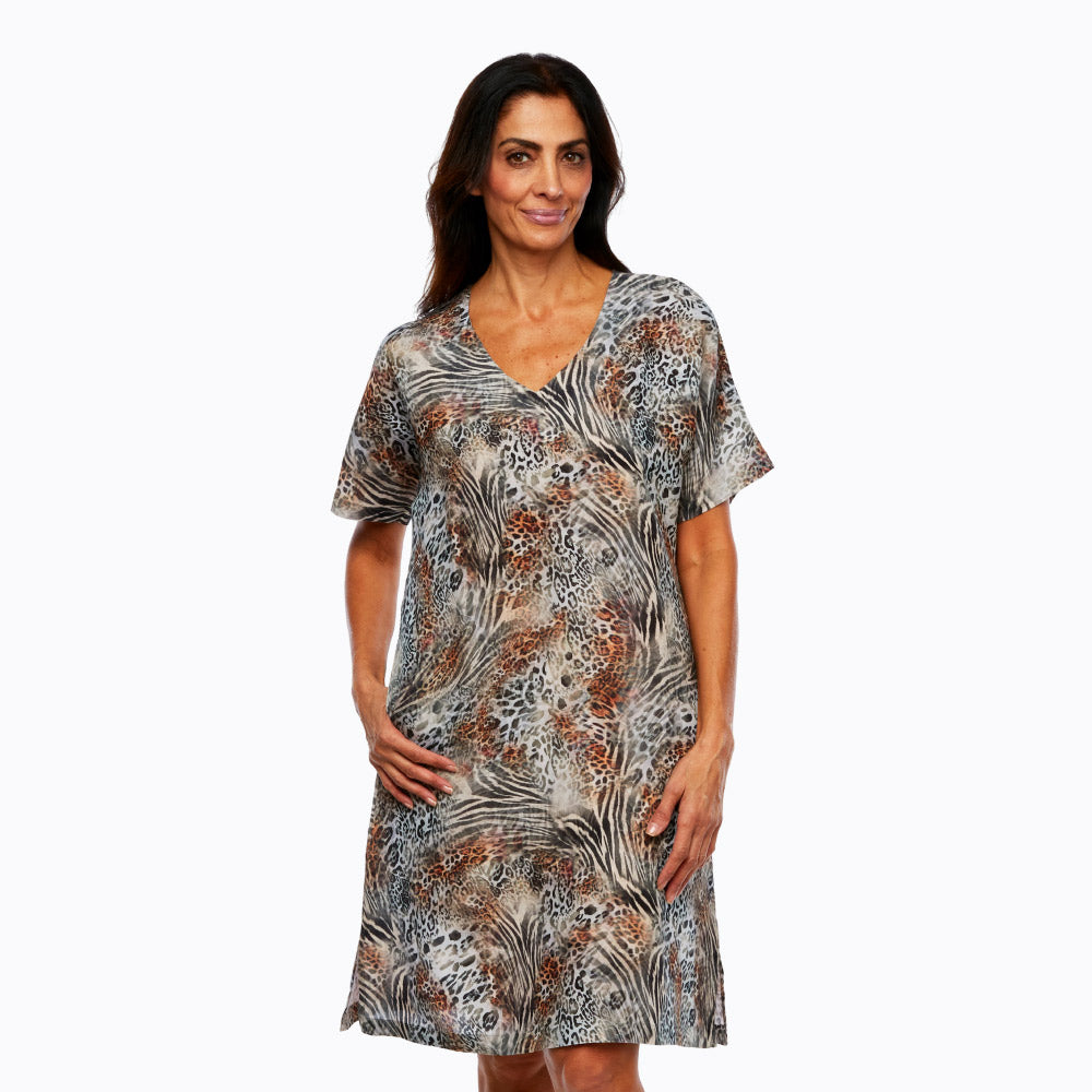 Claire Powell V-Neck Short Sleeve Cotton Linen Dress (Jungle)