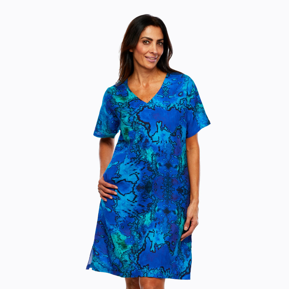 V-Neck Shift Dress | Midi Short Sleeve Summer Dress (Reef)