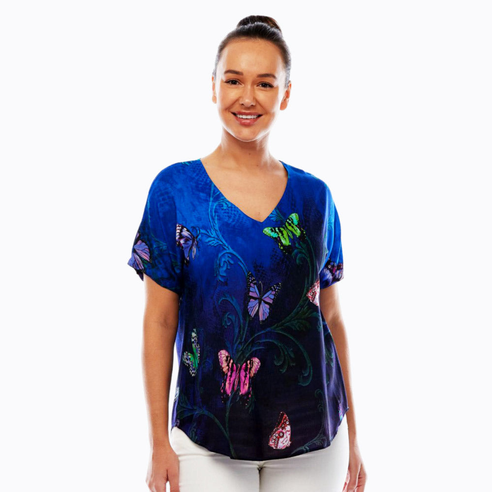 Claire Powell V-Neck Short Sleeve Top - Soft Modal Fabric (Dark Butterfly)