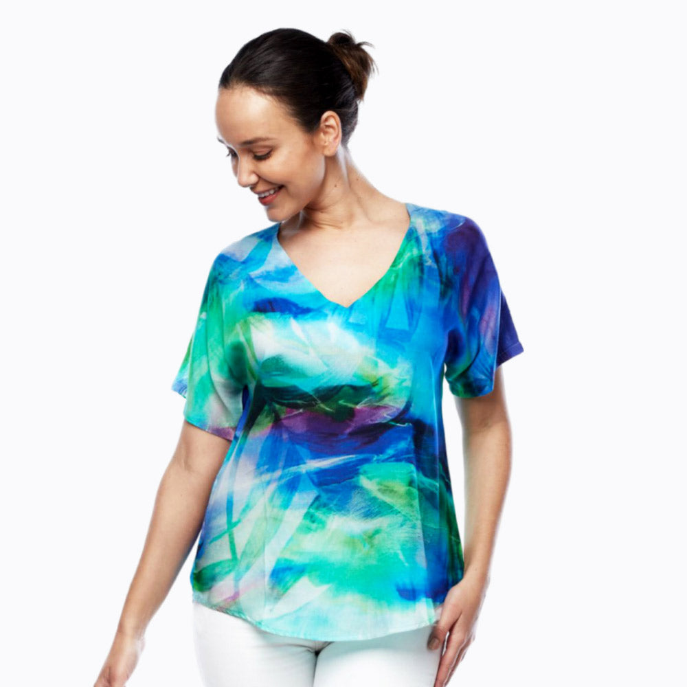 Claire Powell V-Neck Short Sleeve Top - Soft Modal Fabric (Island Delight)