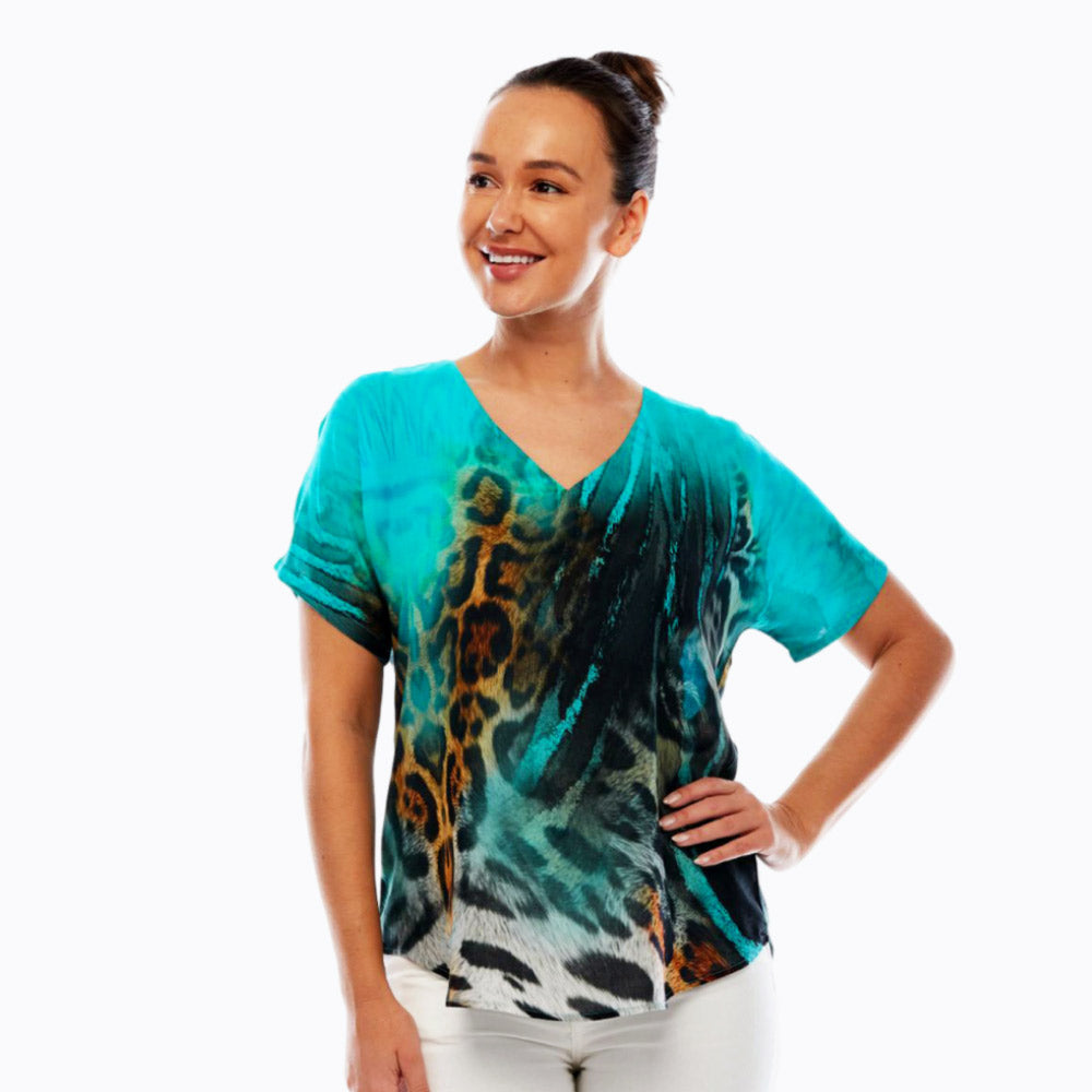 Claire Powell V-Neck Short Sleeve Top - Soft Modal Fabric (Jungle)