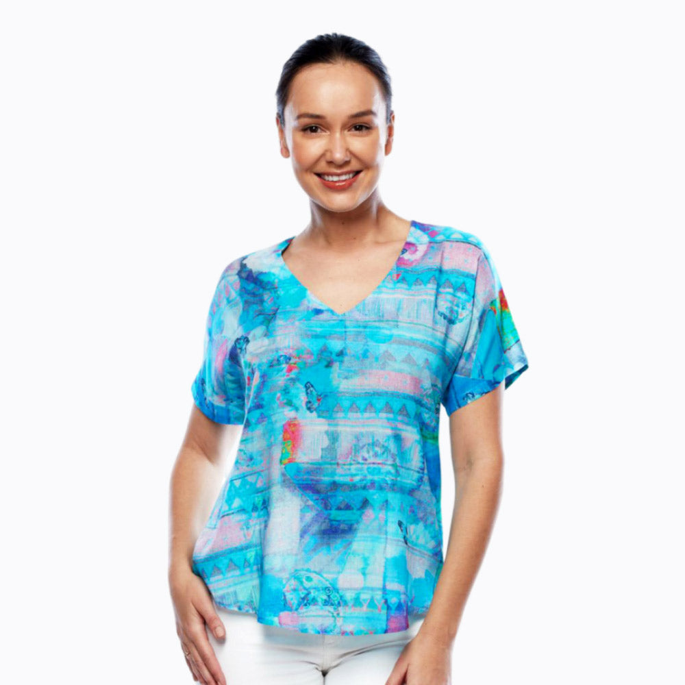 Claire Powell V-Neck Short Sleeve Top - Soft Modal Fabric (Light Butterfly)