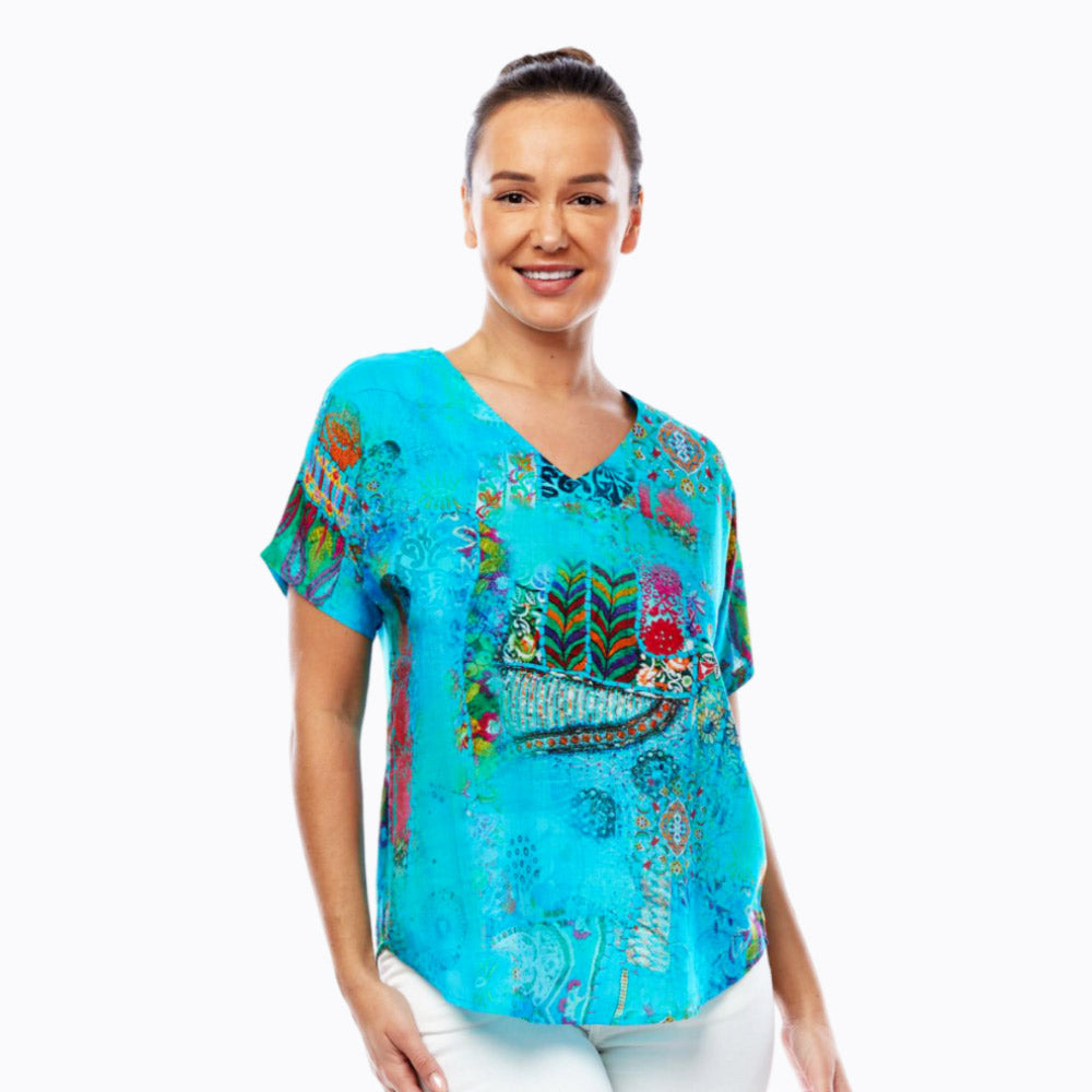 Claire Powell V-Neck Short Sleeve Top - Soft Modal Fabric (Paradise)