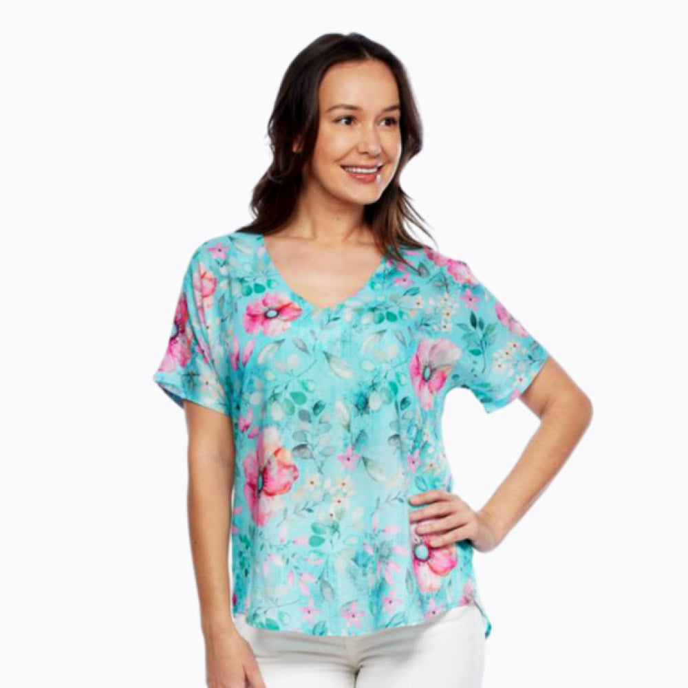 Claire Powell V-Neck Short Sleeve Top - Soft Modal Fabric (Petals)