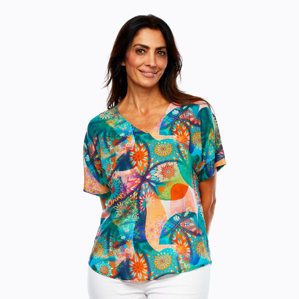 Claire Powell V-Neck Short Sleeve Top - Soft Modal Fabric (Puzzle)