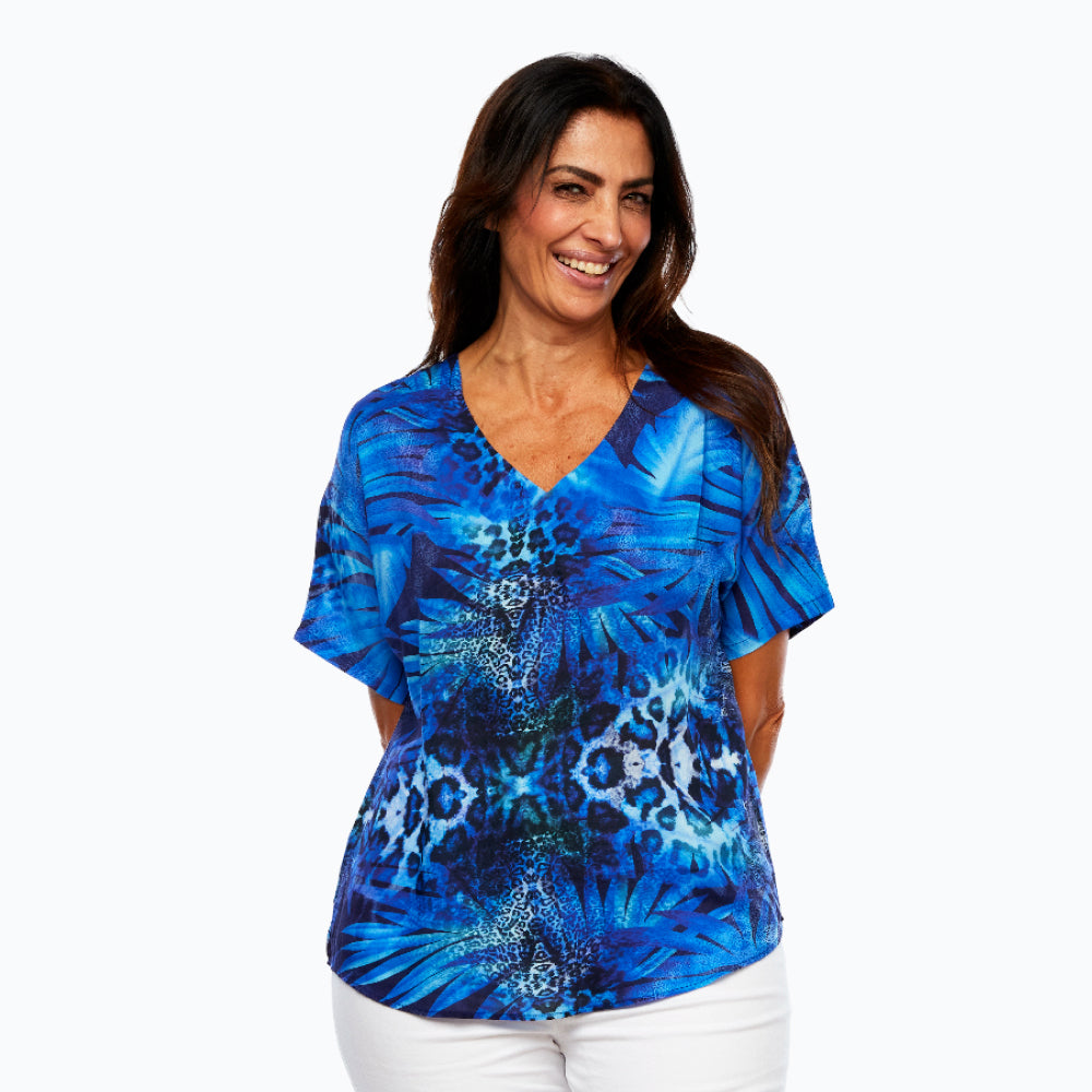 Claire Powell V-Neck Short Sleeve Top - Soft Modal Fabric (Blue Palm)