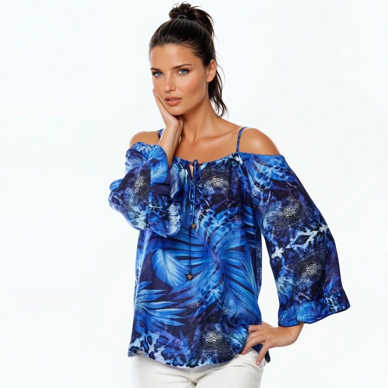 Off The Shoulder Top | Flared Sleeve Boho Blouse (Blue Palm)