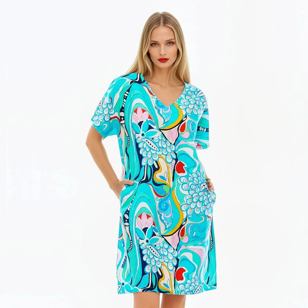 White Mark Women's Short Sleeve Embroidered V-Neck Shift Dress