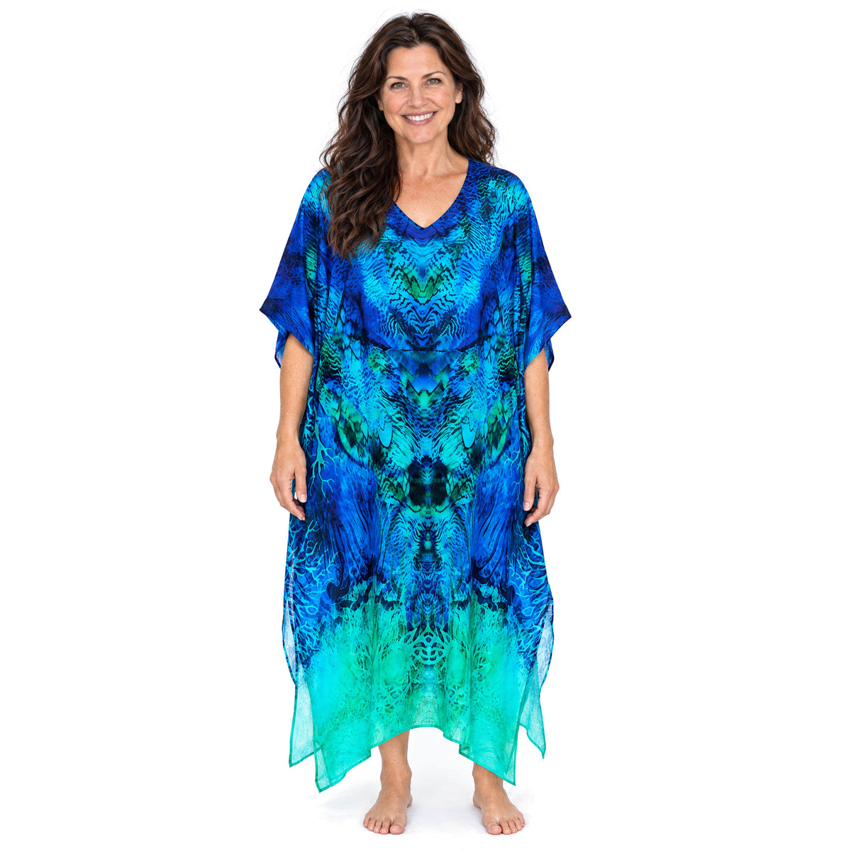 Claire Powell Aquatica midi kaftan dress on a mature woman, front view