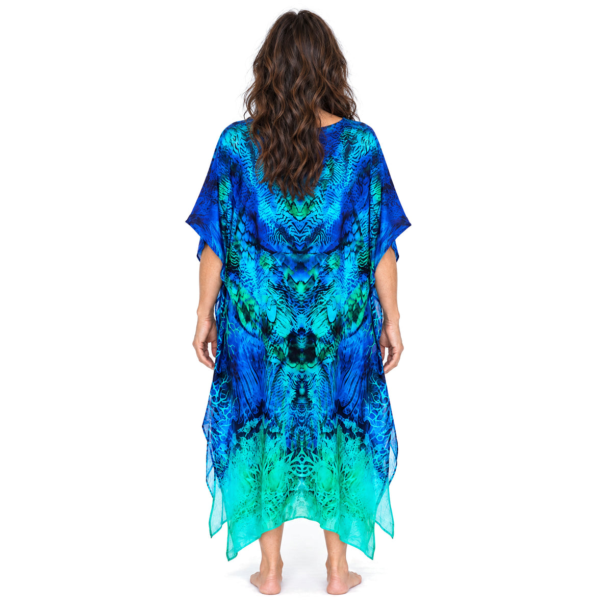 Claire Powell Aquatica midi kaftan dress on a mature woman, back view