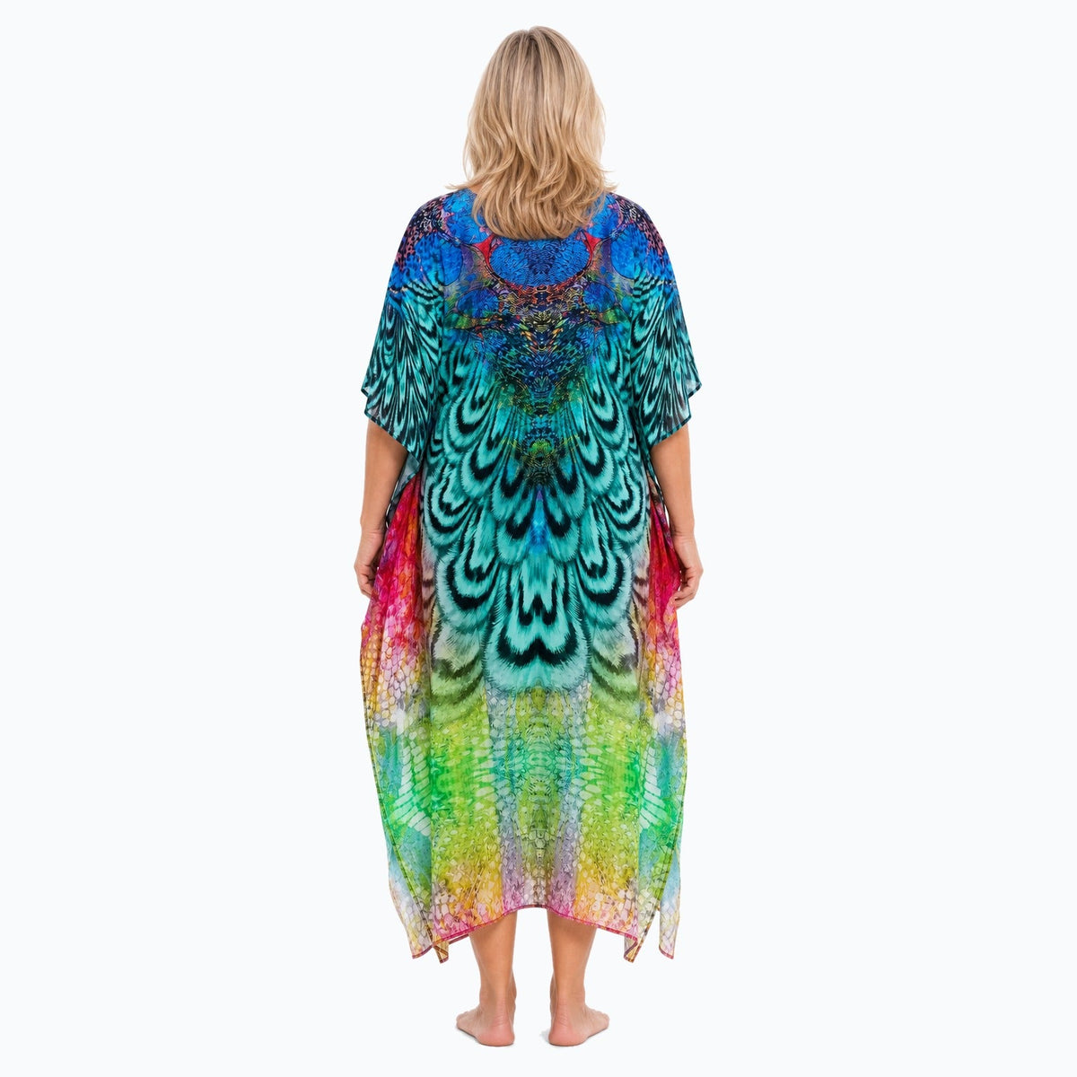 Claire Powell Aves midi kaftan dress on a mature woman, back view