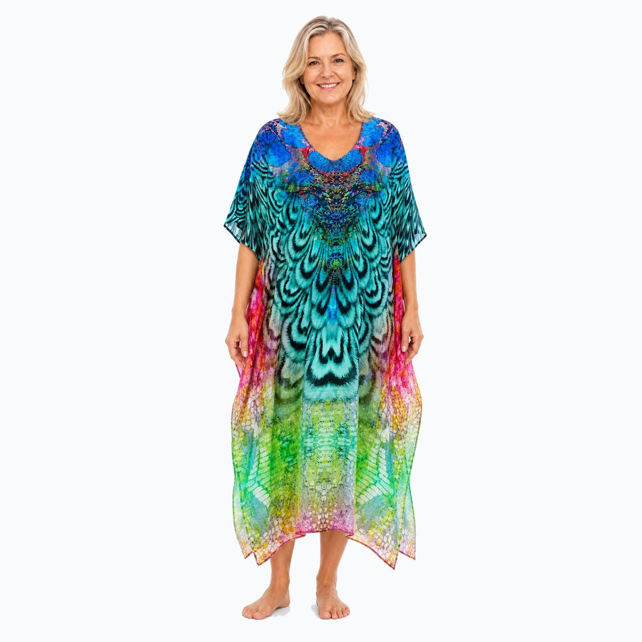 Claire Powell Aves midi kaftan dress on a mature woman, front view