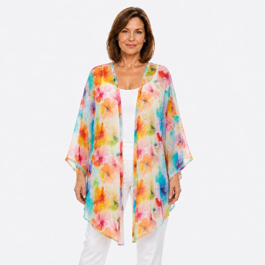 Woman wearing the Claire Powell Blushing Cotton Chiffon Kimono Cover-Up, front view