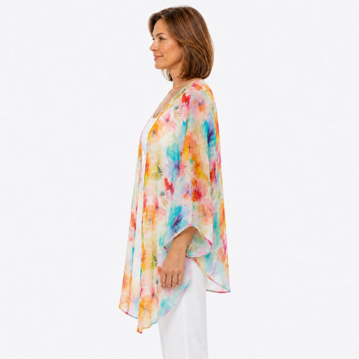 Woman wearing the Claire Powell Blushing Cotton Chiffon Kimono Cover-Up, side view