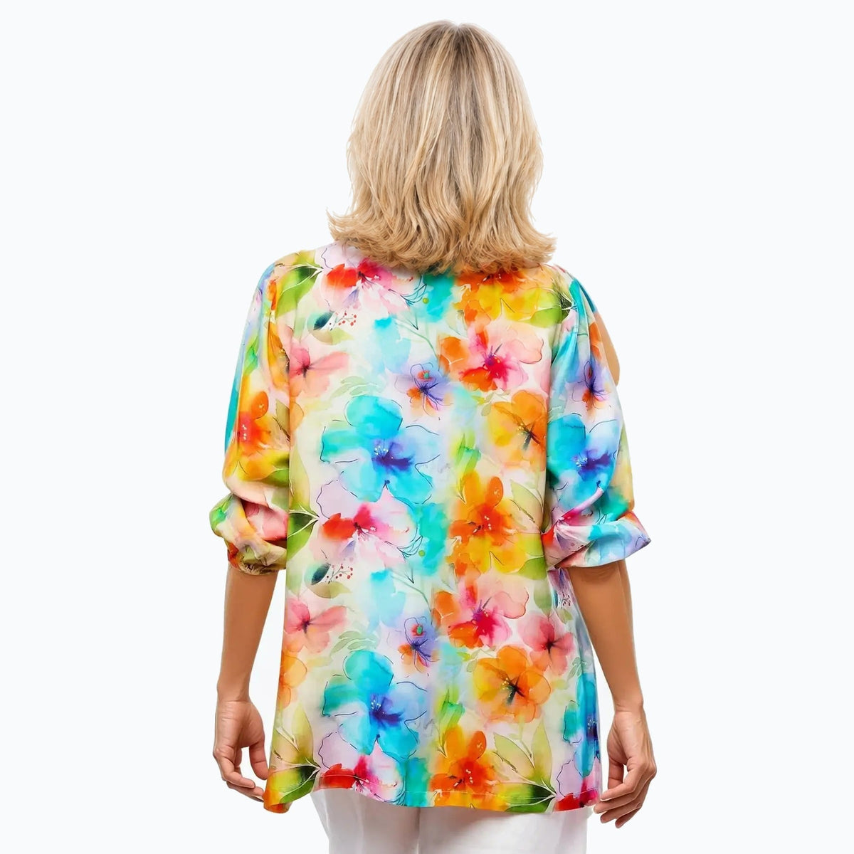 Model B wearing the Claire Powell Blushing Collared Silk Shirt, back view