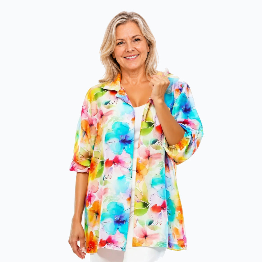 Model B wearing the Claire Powell Blushing Collared Silk Shirt, front view