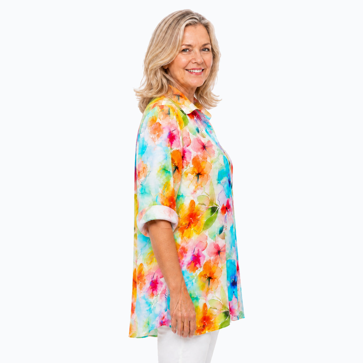 Woman wearing the Claire Powell Blushing Collared Silk Shirt, side view