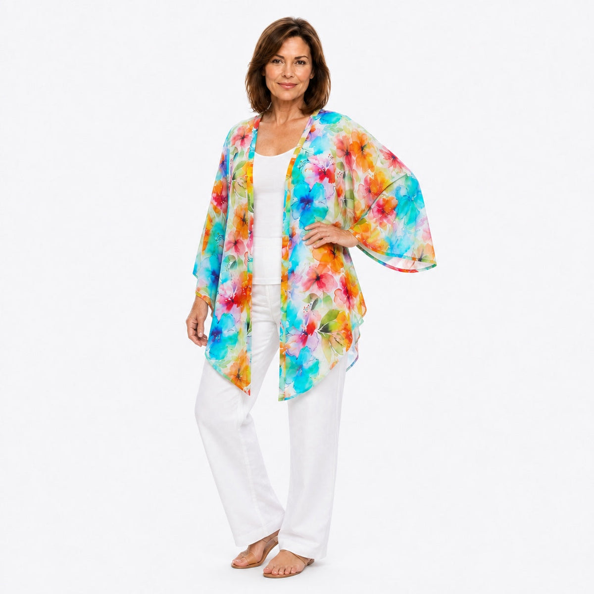 Woman wearing the Claire Powell Blushing Modal Kimono Cover-Up, fashion pose