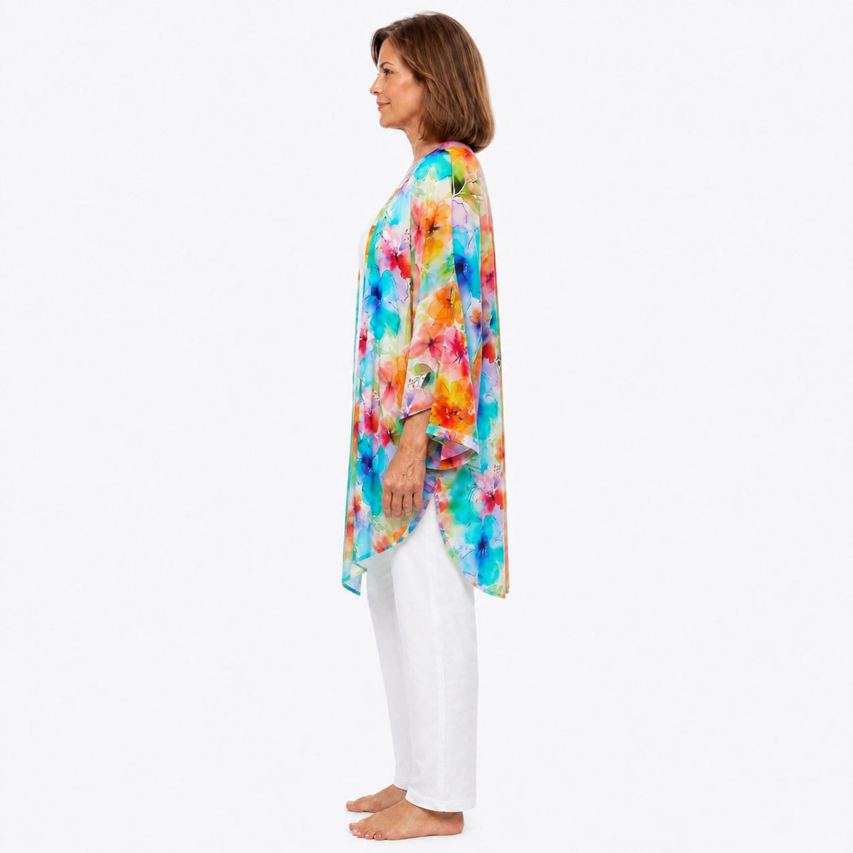 Woman wearing the Claire Powell Blushing Modal Kimono Cover-Up, side view