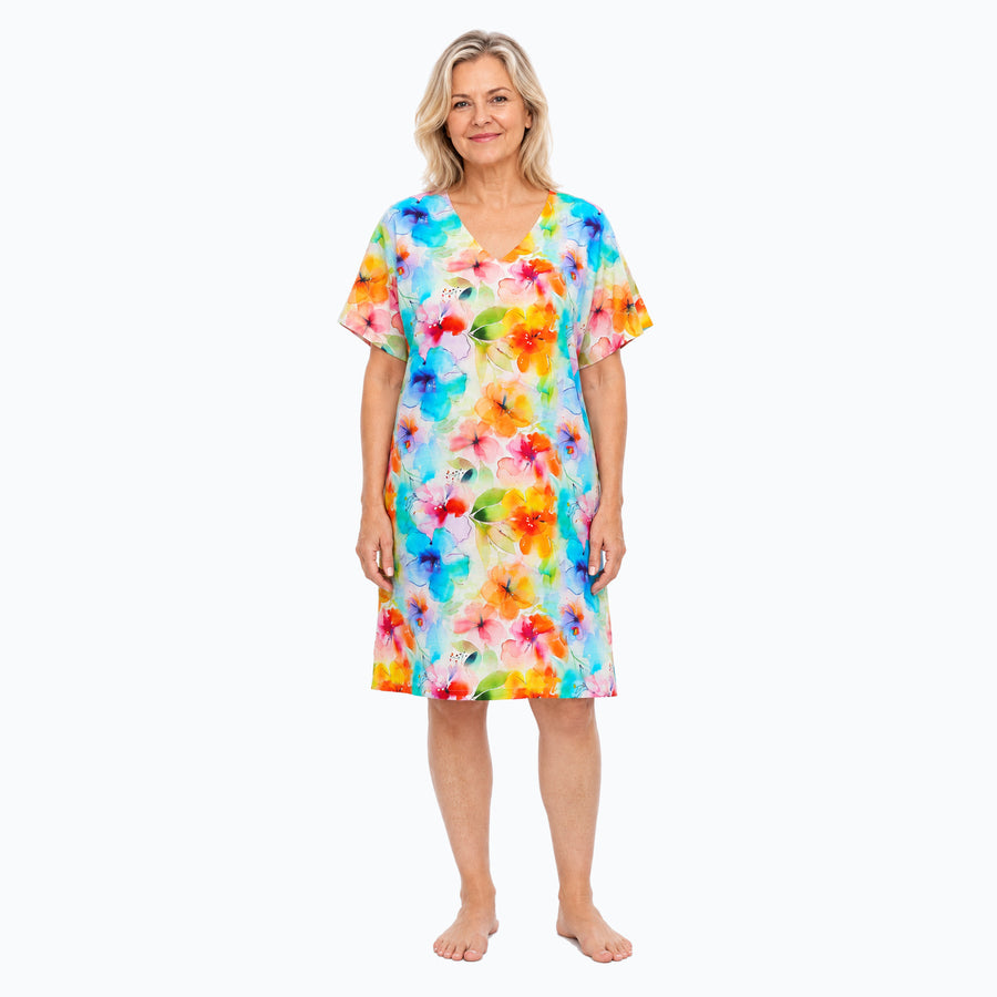 Front view of Model B wearing Claire Powell Blushing floral V-neck shift dress
